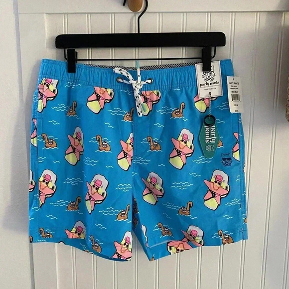 Party Pants Men’s Neon Blue Super Star Fish Swim Trunks Board Shorts Medium - Picture 1 of 12